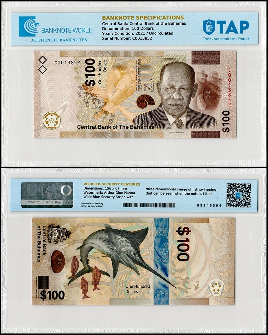 Bahamas 100 Dollars, 2021, P-82, UNC, TAP Authenticated