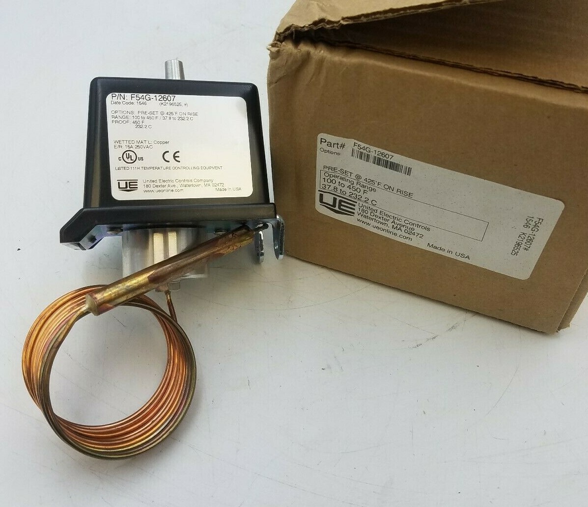 United Electric F54G-12607 Pressure Switch Range 100 to 450F 37.8 to 232.2 C NOS