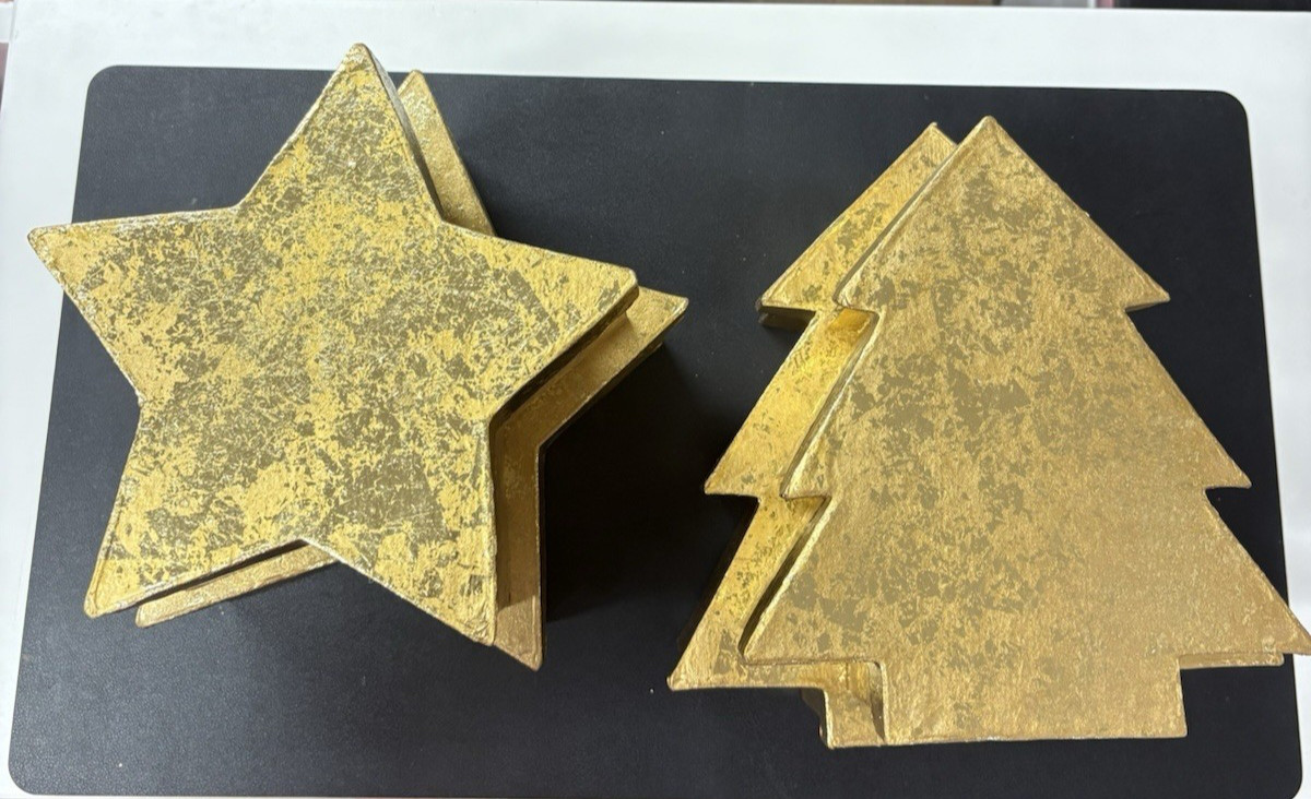 2 STAR AND  2 CHRISTMAS TREE NESTING BOXES GOLD