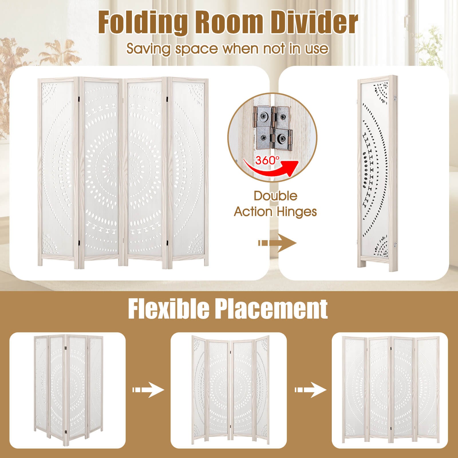 66" Boho 4-Panel Room Divider with Carved Pattern & Solid Wood Frame 360° Hinges