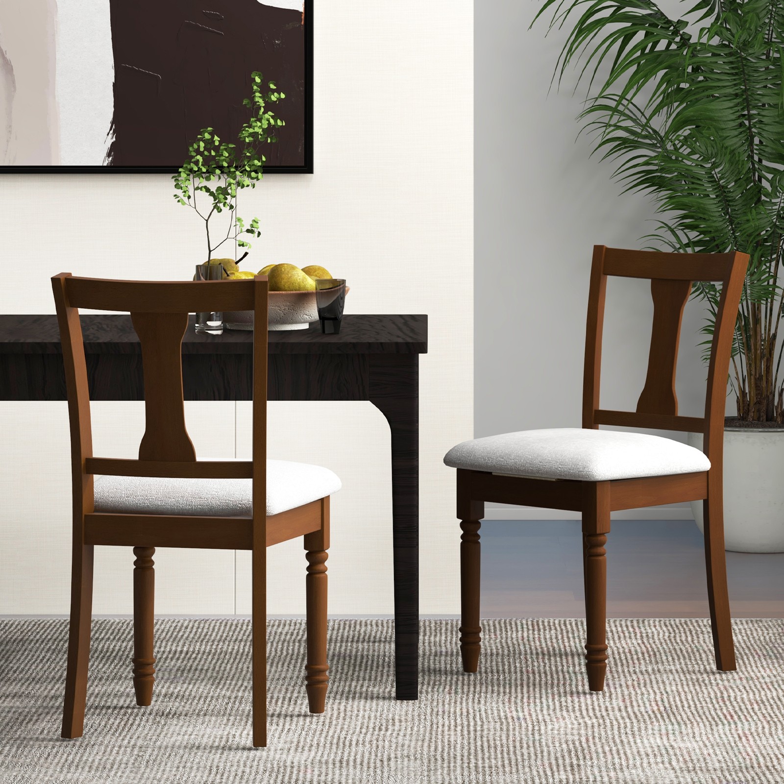 2 PCS Wood Chair Antique Upholstered Chair w/ Storage Space Brown & Light Gray