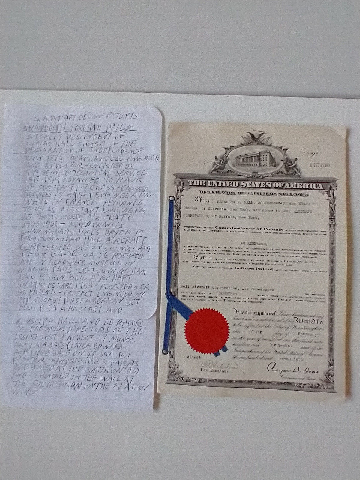 USA Aviation Patent Hall & Rhodes Bell Aircraft Corp Buffalo,NY 2-5- 1946