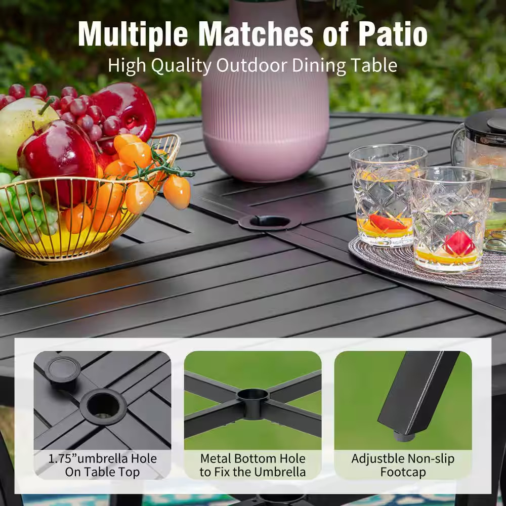 Black 5-Piece Metal Patio Outdoor Dining Sets with Stamped round Table and Gourd