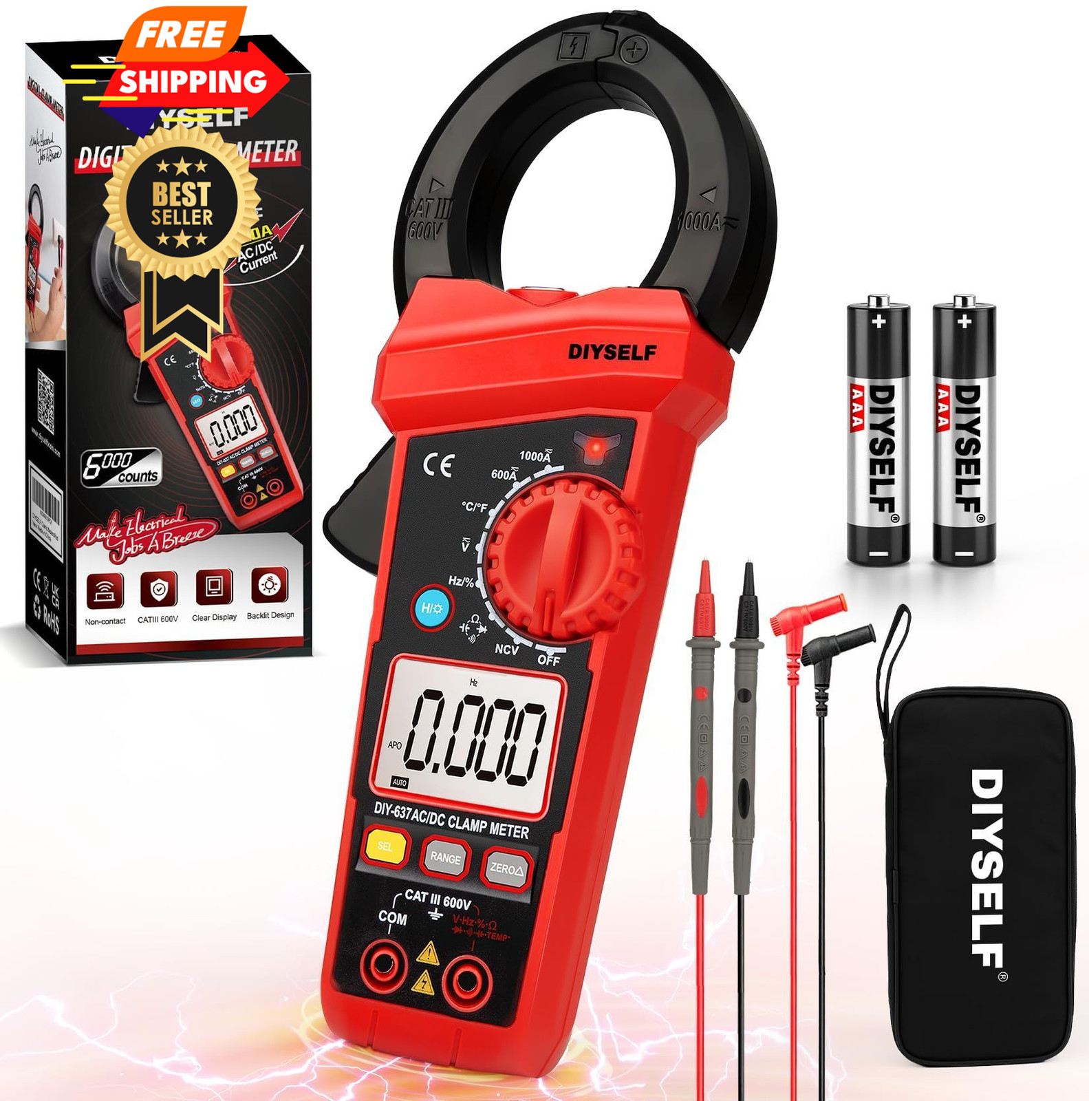 DIYSELF 6000 Counts Digital Clamp Meter, True RMS AC/DC Voltage Compact, Red