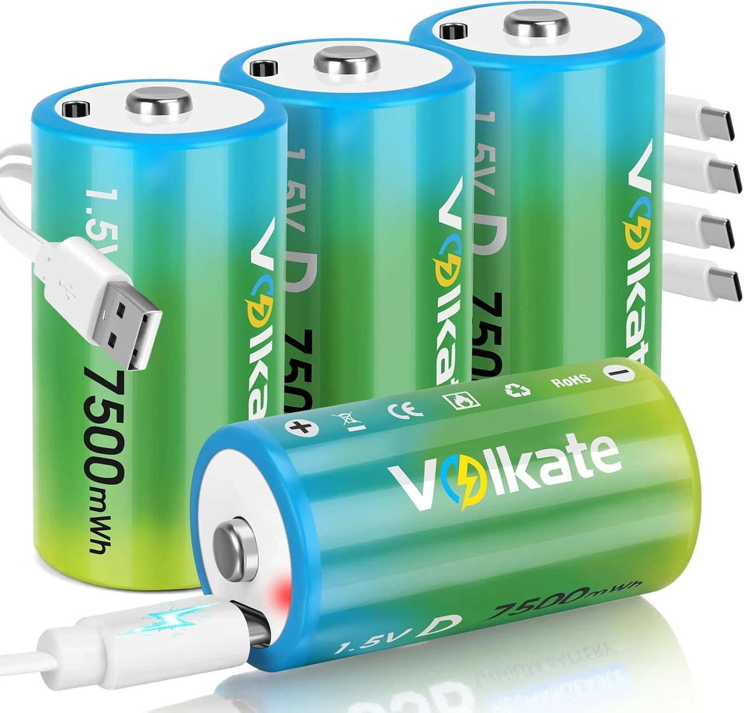 Rechargeable D Cell Batteries 4 Pack, 1.5V 7500mwh Lithium LR20 Battery D Size w