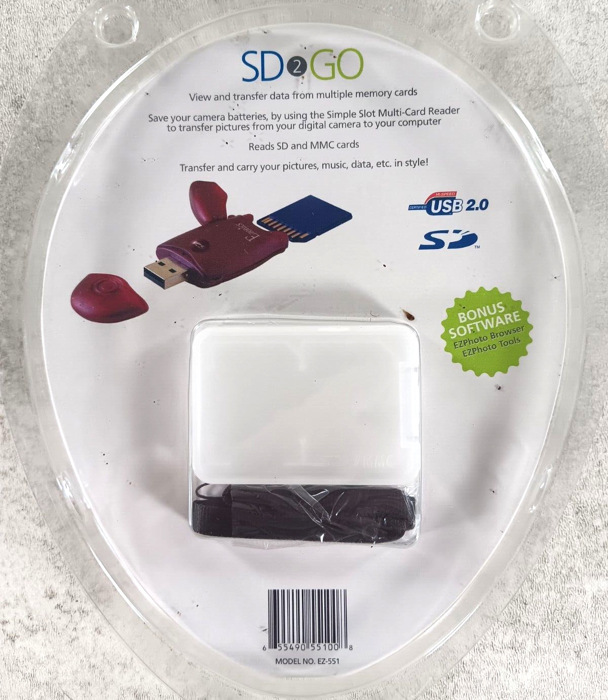 SD 2 Go Portable USB 2.0 SD Card Reader by Ezonics NEW