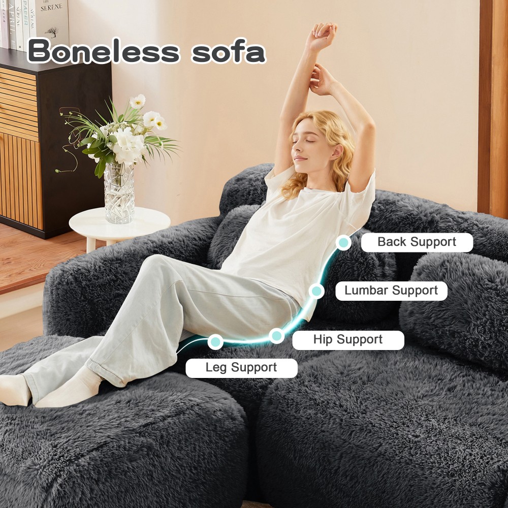 149'' Modular Plush Sofa w/Non-slip Base, Dark Grey, 32D Sponge