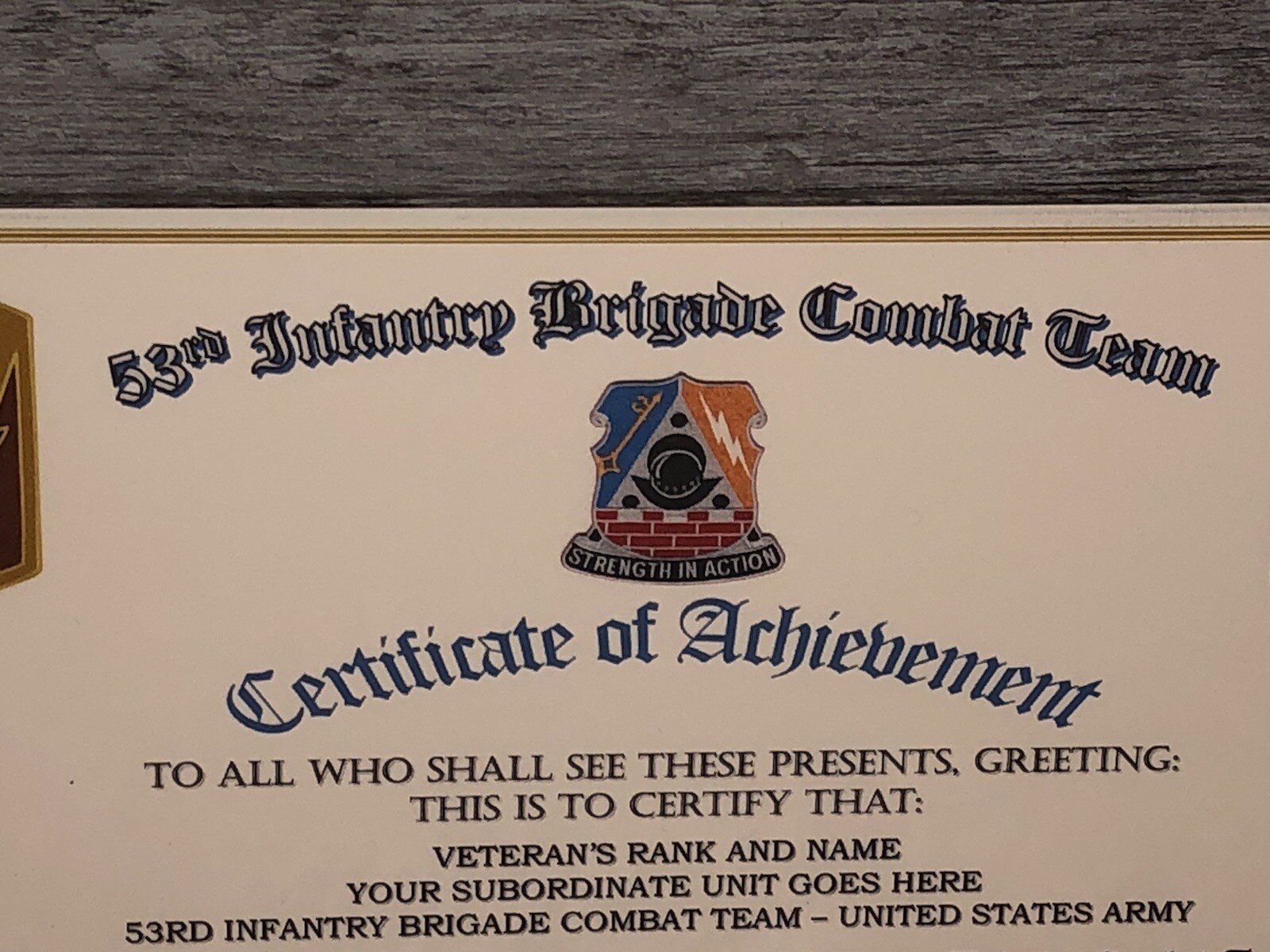 53RD INFANTRY BRIGADE COMBAT TEAM - COA / (COMMEMORATIVE CERTIFICATE)