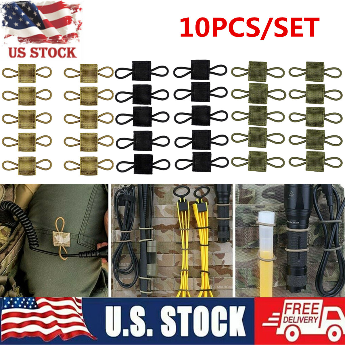 10Pcs Molle Retainers Webbing Tactical PTT Retainer Communication Cable Fastener