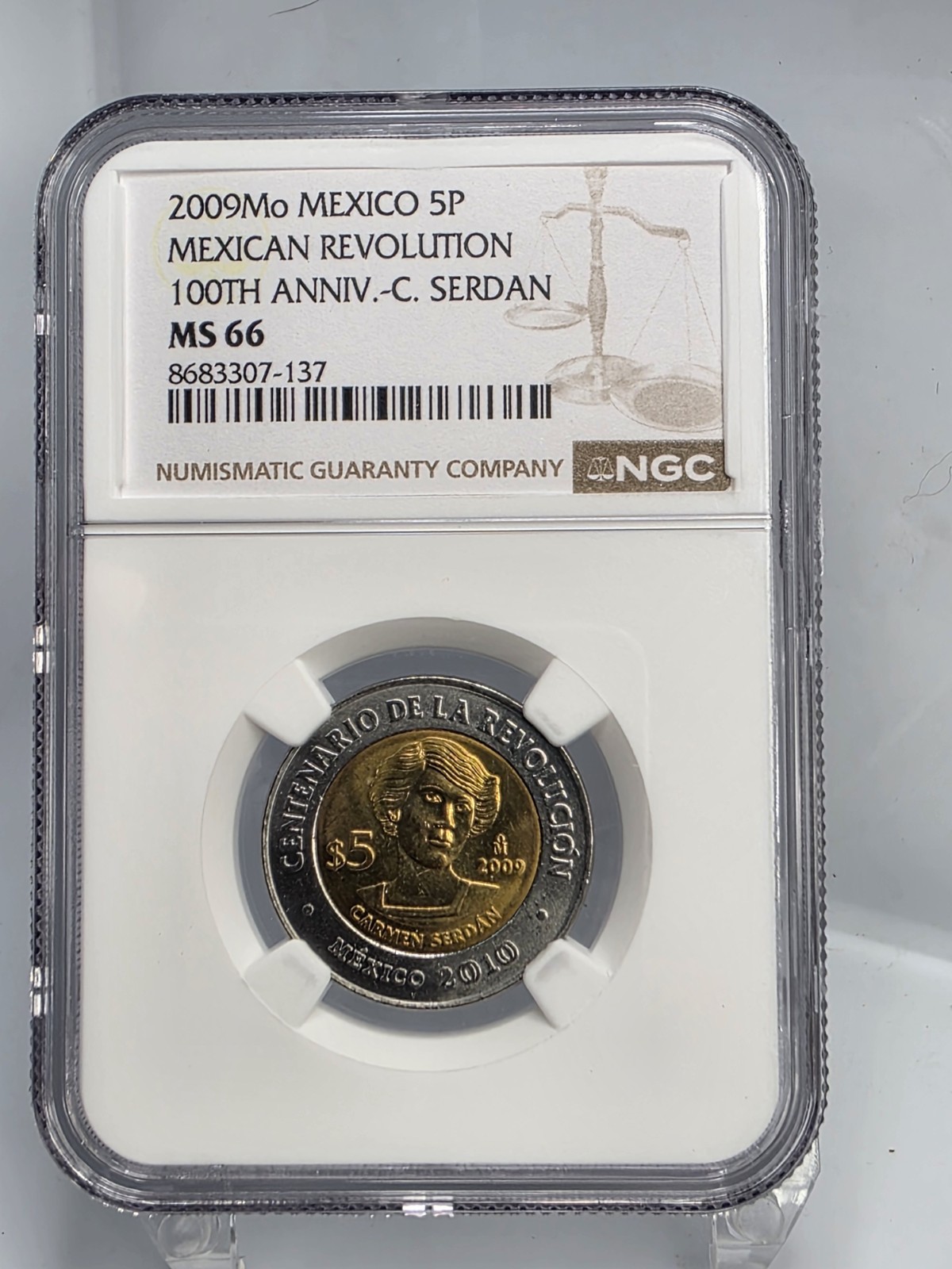 2009 Mexico 5 Pesos Mexican Revolution 100th Anniversary C SERDAN NGC MS66