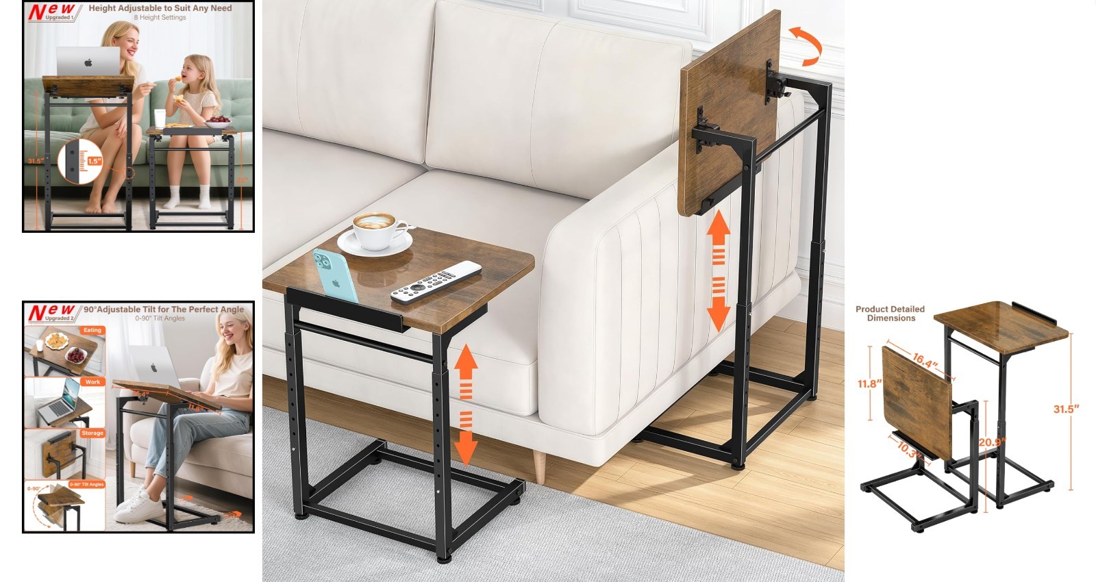 Versatile C-Shaped Side Tables with 8 Height Levels - Set of 2, Easy Assembly