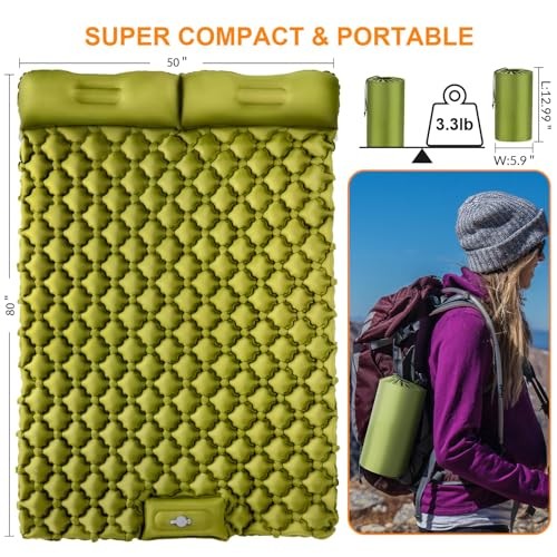Double Sleeping Pad, Ultralight 4" Extra-Thick Self Inflating Army Yellow