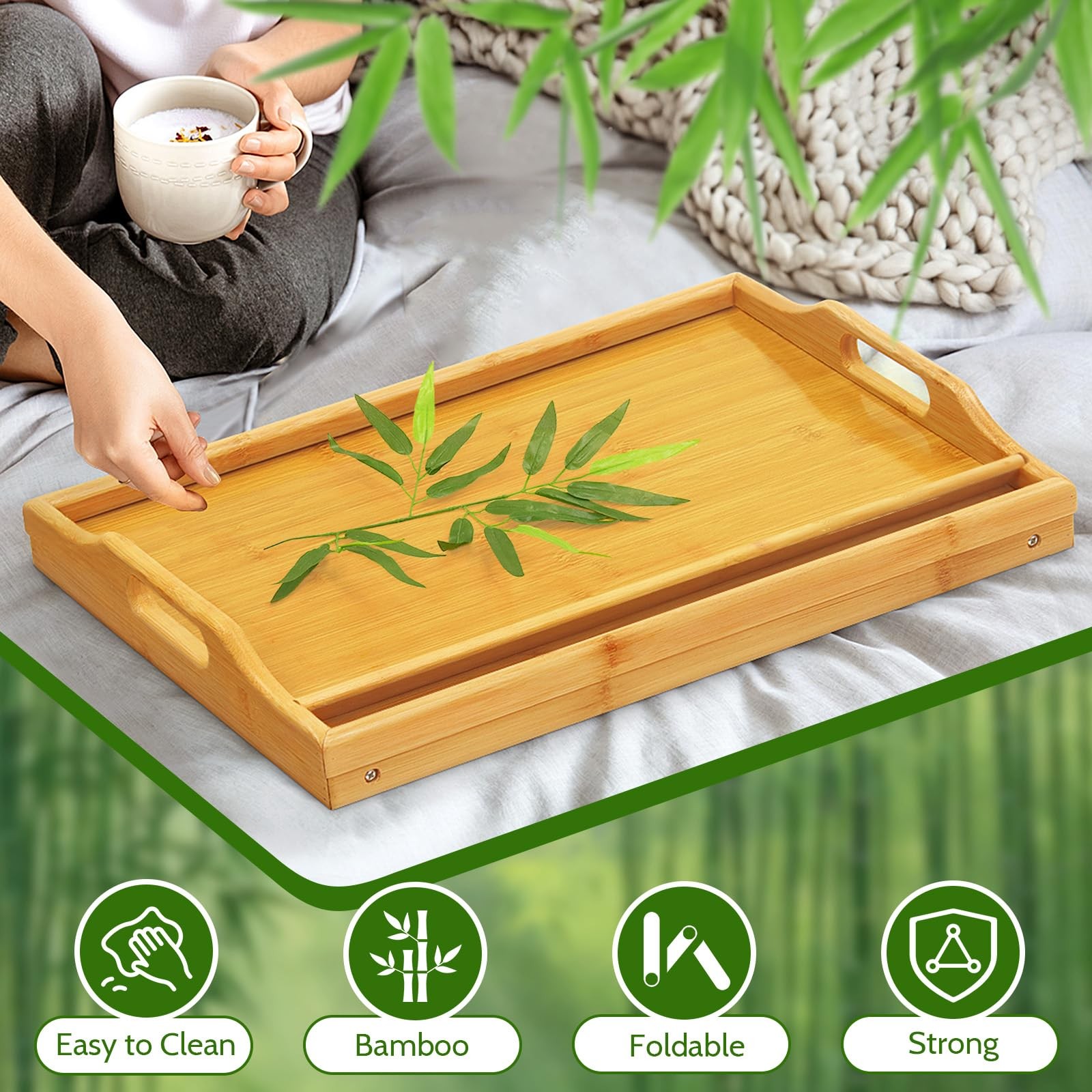 Tray Table for Bed, Bamboo Breakfast with 18.1" x 11.2" x 7.7",