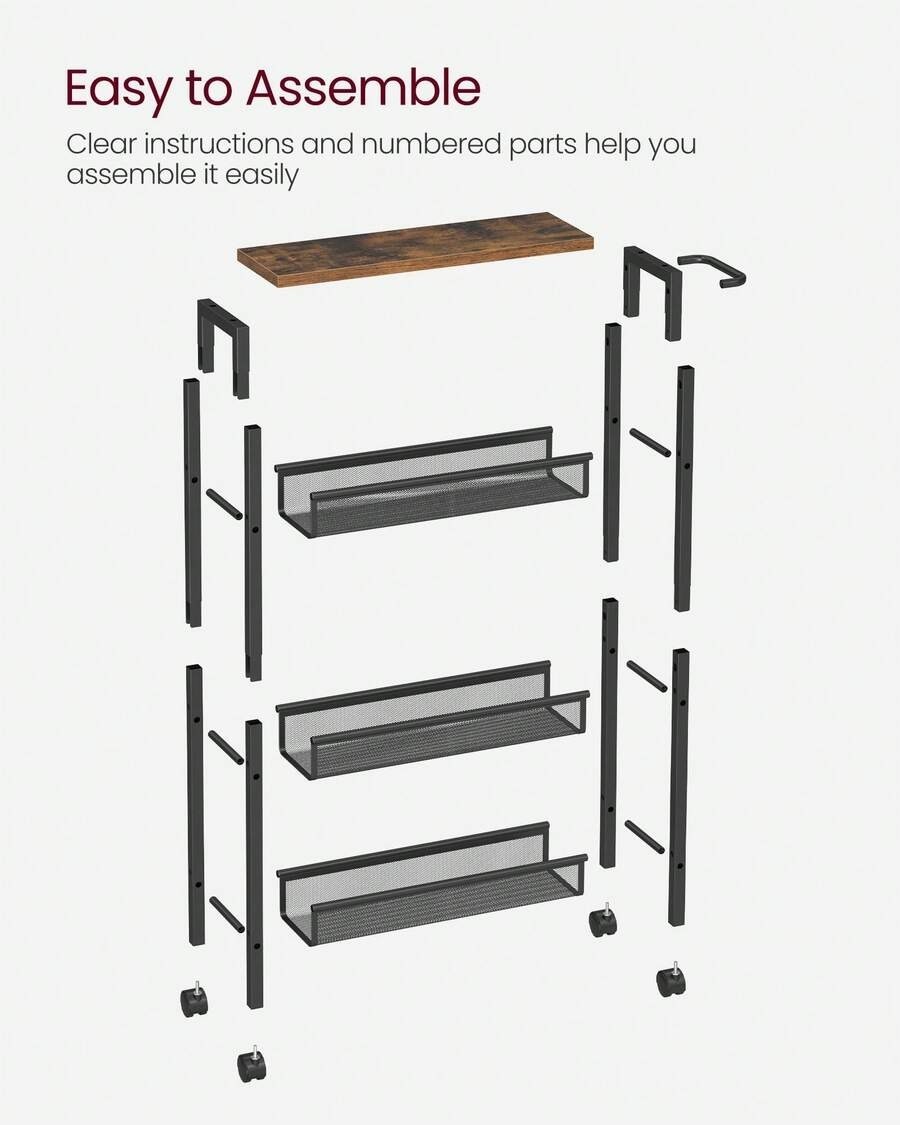 VASAGLE 4-Tier Slim Rolling Storage Cart With Handle & Casters, Black