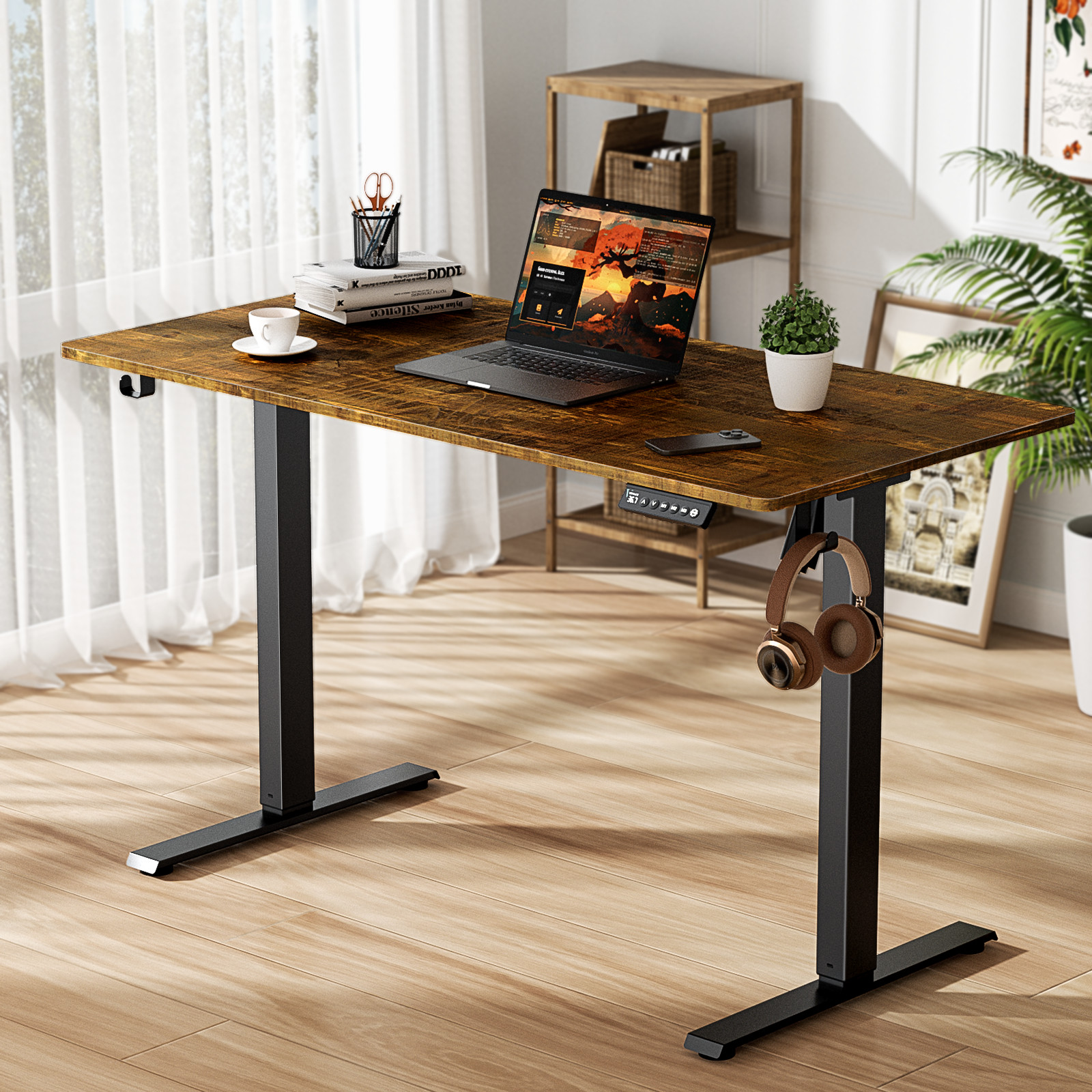 48/55/63" Brown Height Adjustable Electric Standing Desk Home Office Table/Frame