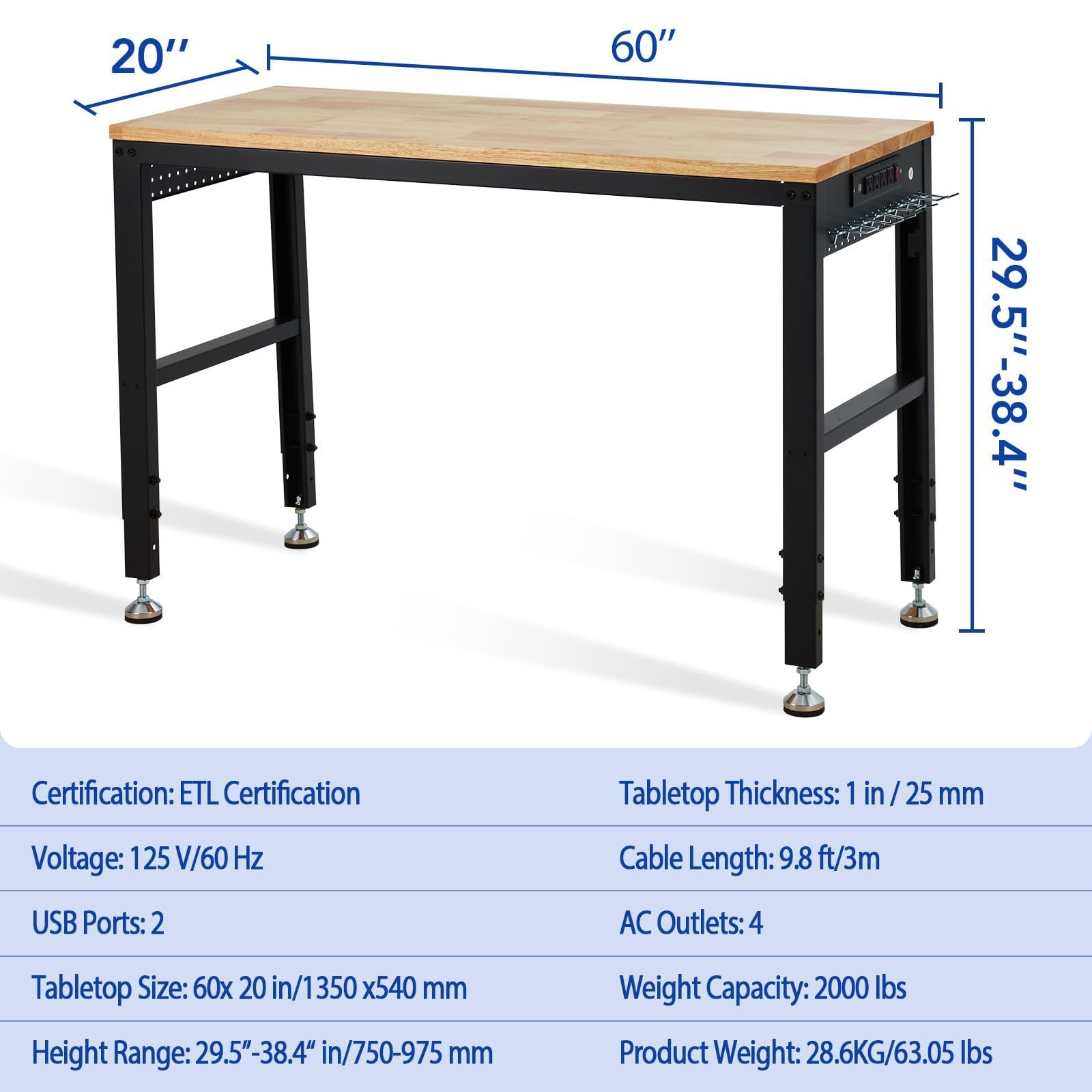 Height Adjustable Workbench 60"x 20" 2000 Lbs Capacity Heavy-Duty Power Outlets