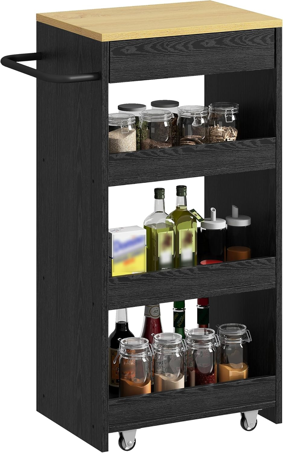 4-Tier Rolling Wood Storage Cart with Handle & Drawer for Kitchen & Laundry