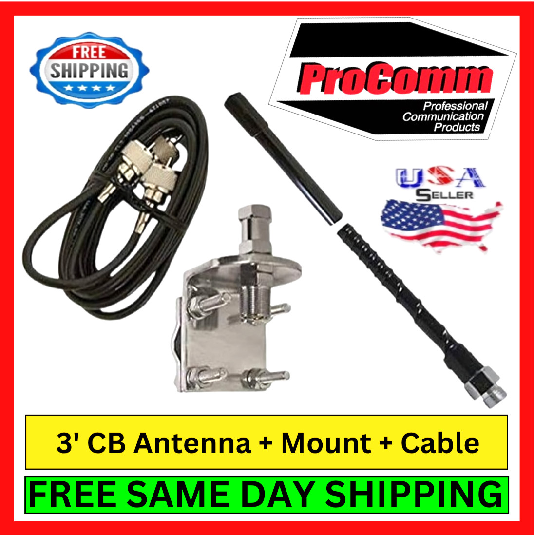 ProComm HSS995-3B CB Antenna Coax Cable Whip Mount Kit Fiberglass 3' Tall 750W