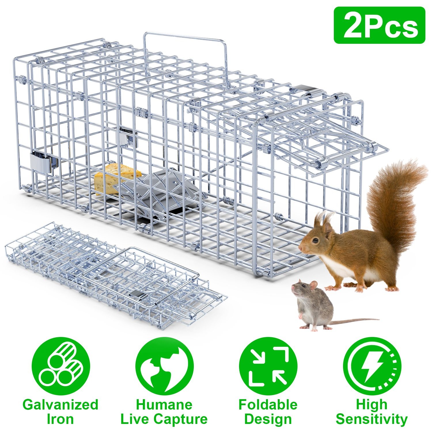2-Pack Humane Rat Trap Cage - Foldable Live Mouse Traps for Indoor/Outdoor Use