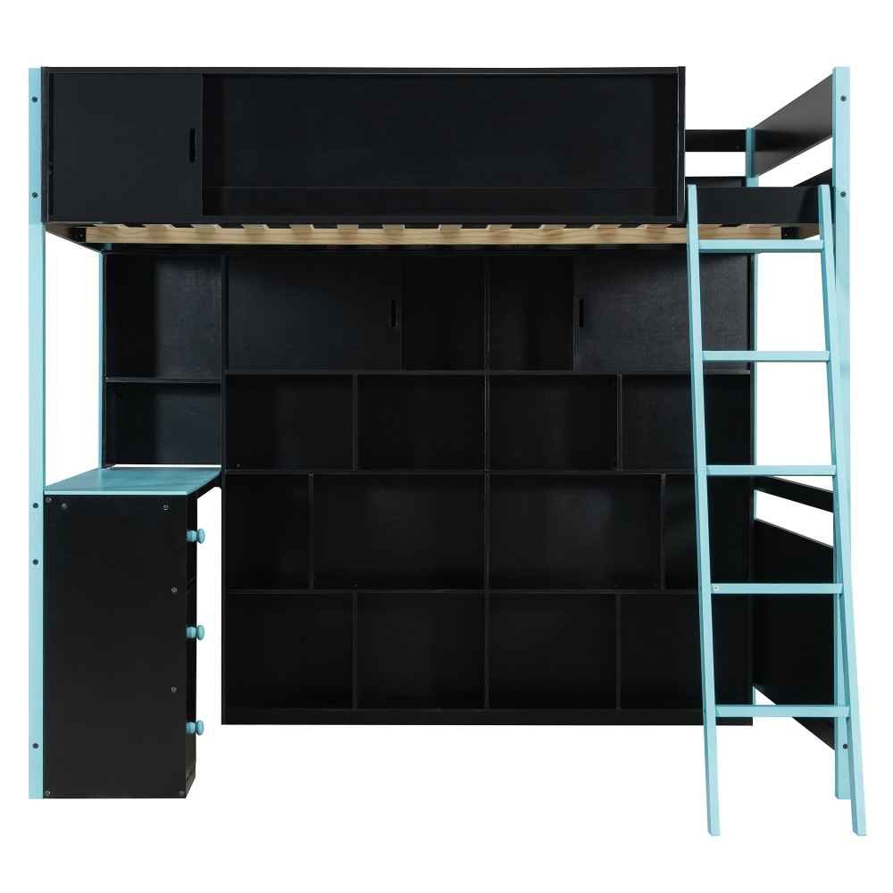 Full Size Wood Loft Bed with Desk, Ample Storage Space and Light Blue Bed Frame