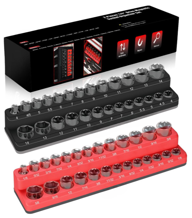 Organizador magnético para dados 1/4", pack 2, hasta 52 piezas, taller