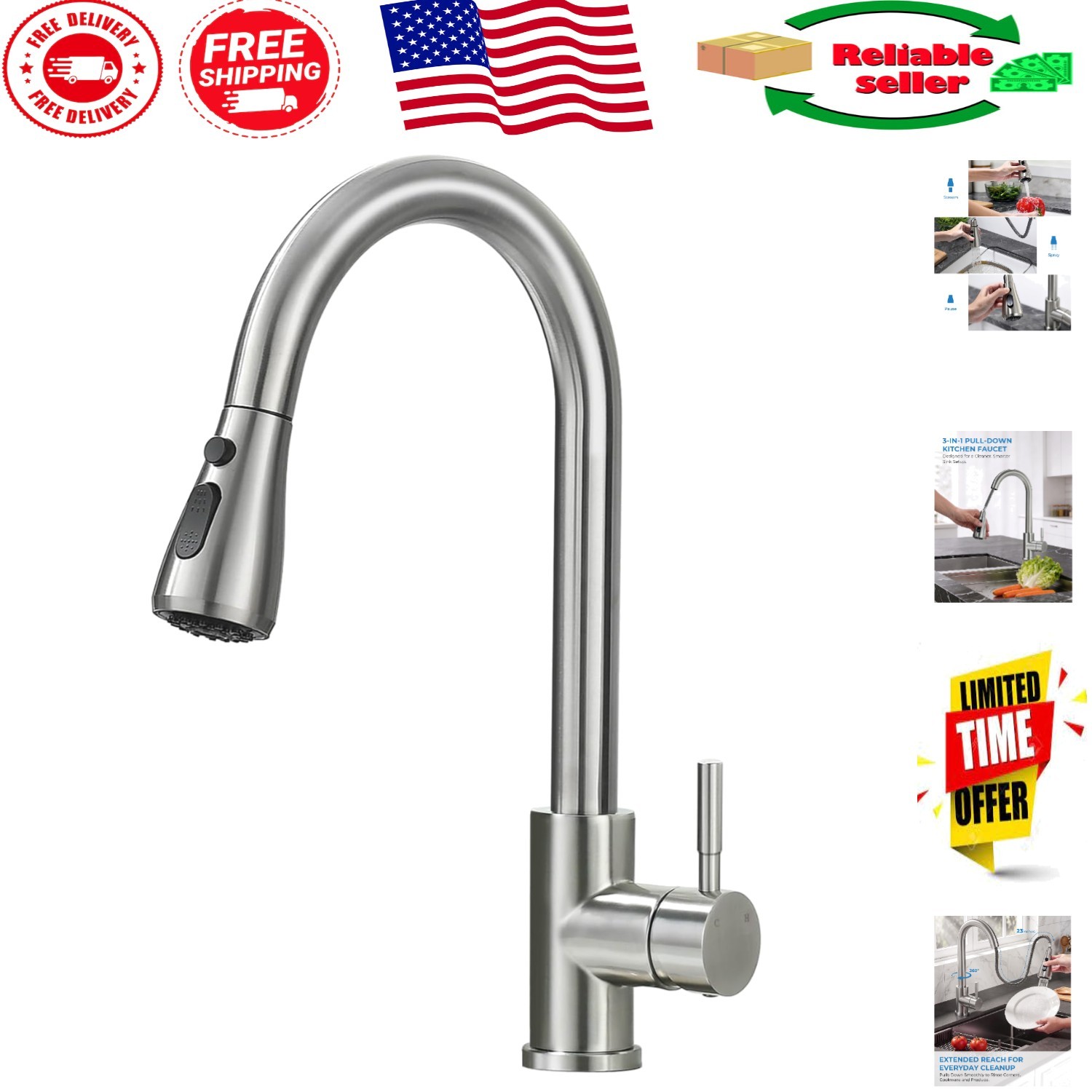 Lead-Free Kitchen Faucet with Pull Down Sprayer & 3 Spray Modes - Brushed Nickel
