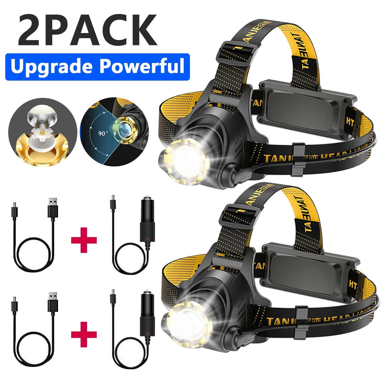2PC 1200000LM Zoomable Headlight 3Mode Headlamp USB Rechargeable Head Torch Lamp