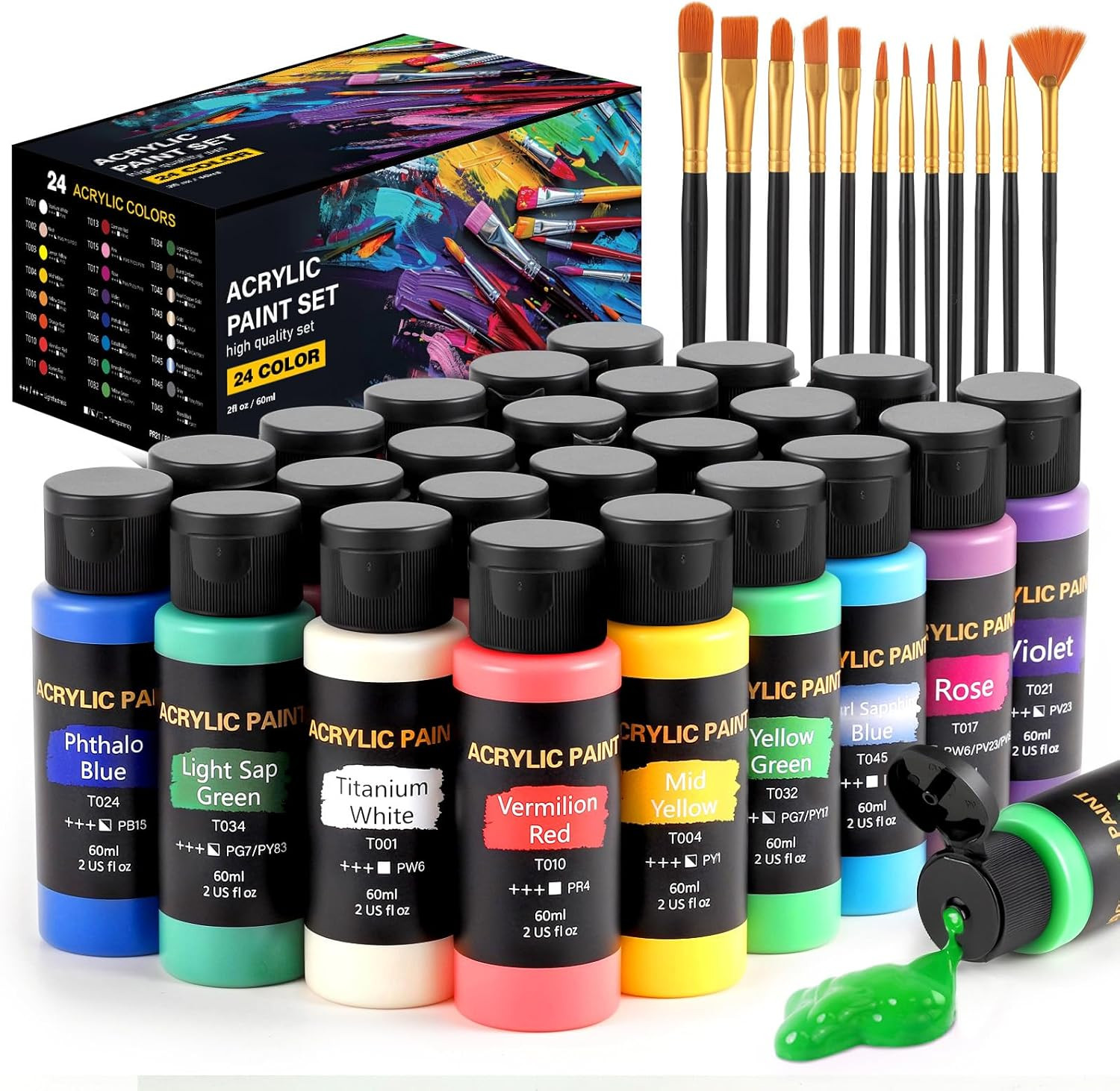 Acrylic Paint Set 24 Colors 12 Art Brushes & Supplies