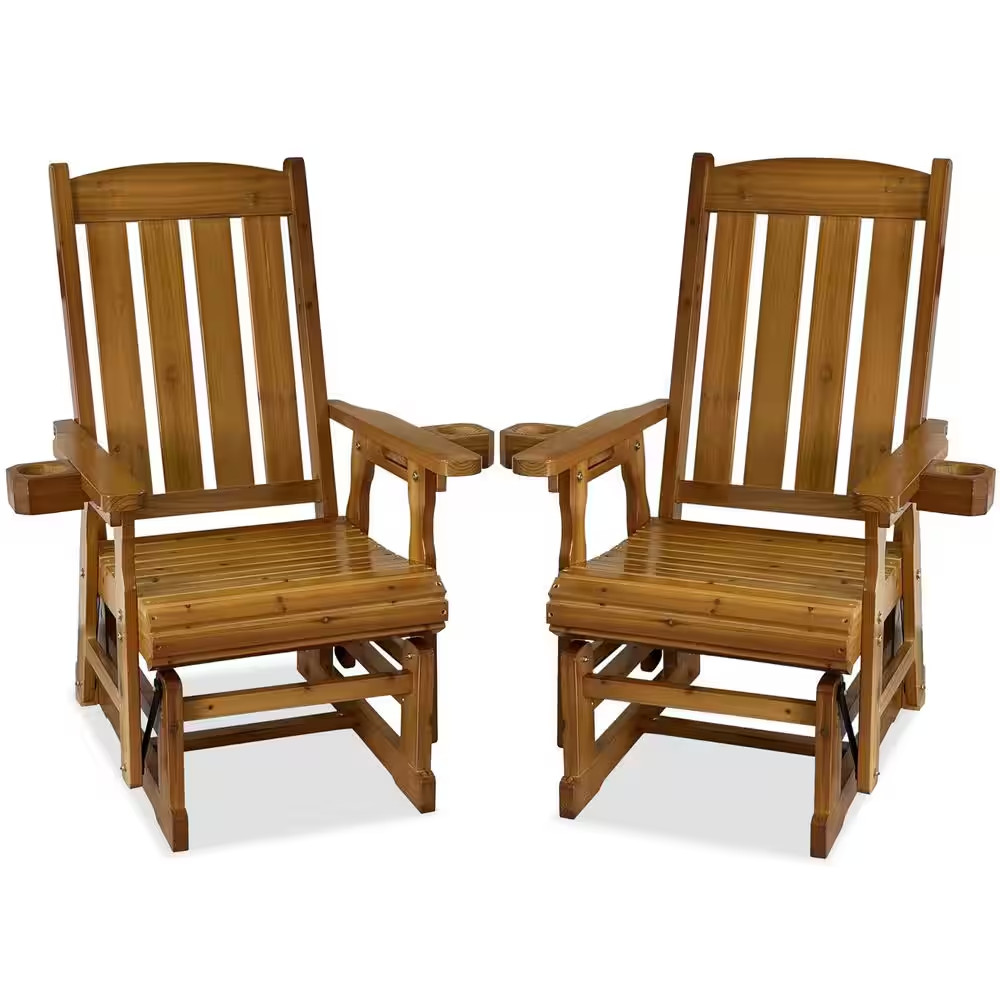 2-Piece Solid Fir Wood Outdoor Glider with Cup Holders, High Back and Deep Conto