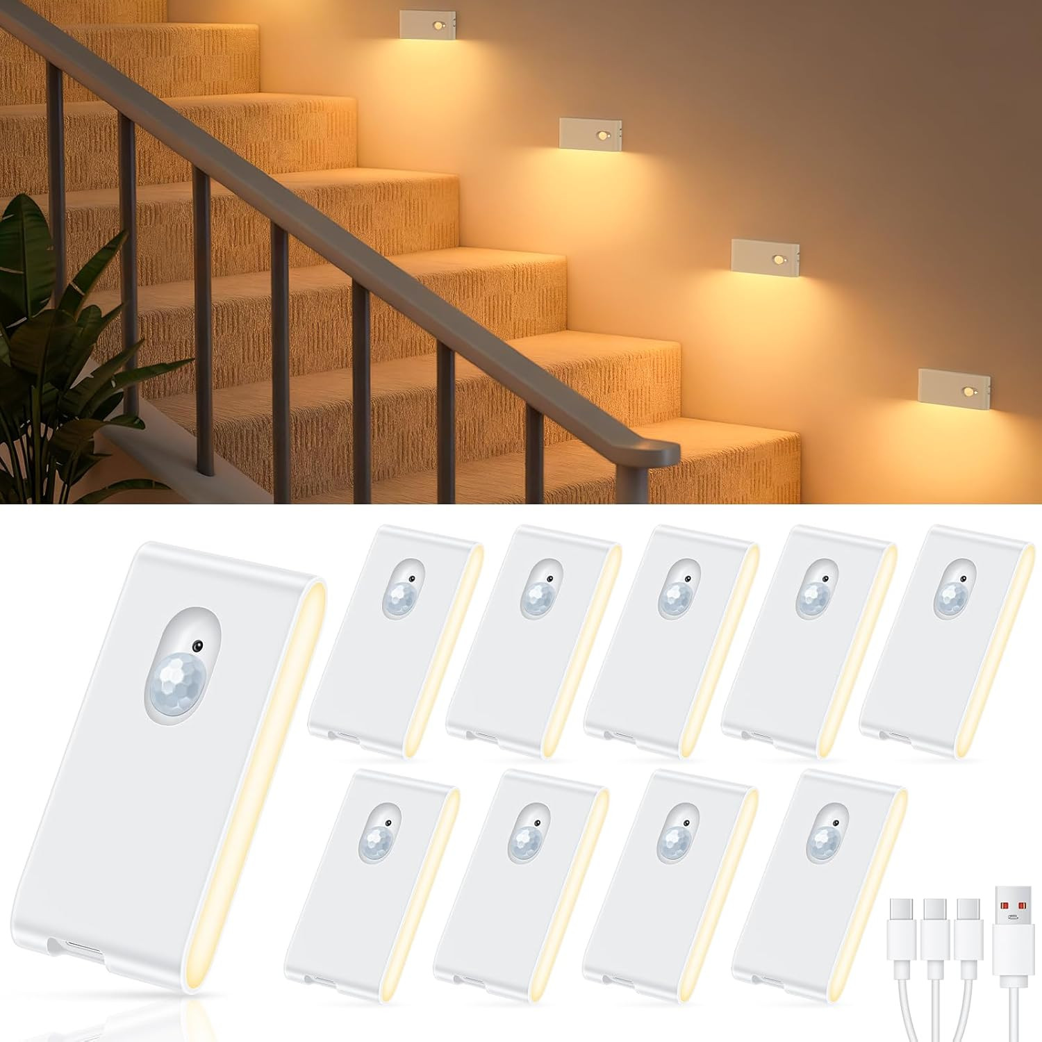 Rechargeable Night Light, Warm White Stair Lights Indoor, Wireless Motion Sen...