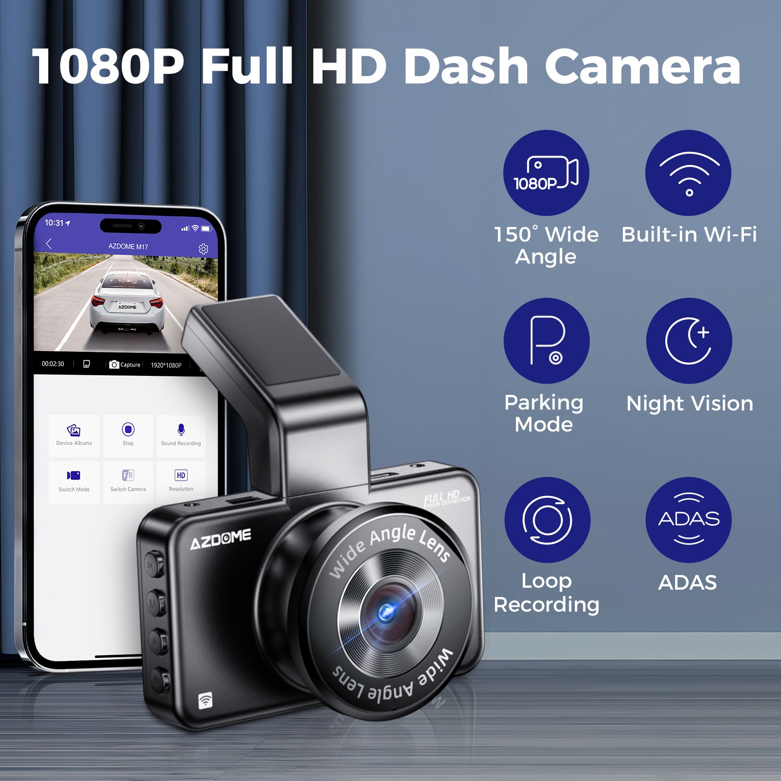 AZDOME Dash Cam 3" Car Camera 1080P WiFi App Video DVR Recorder G-Sensor ADAS US