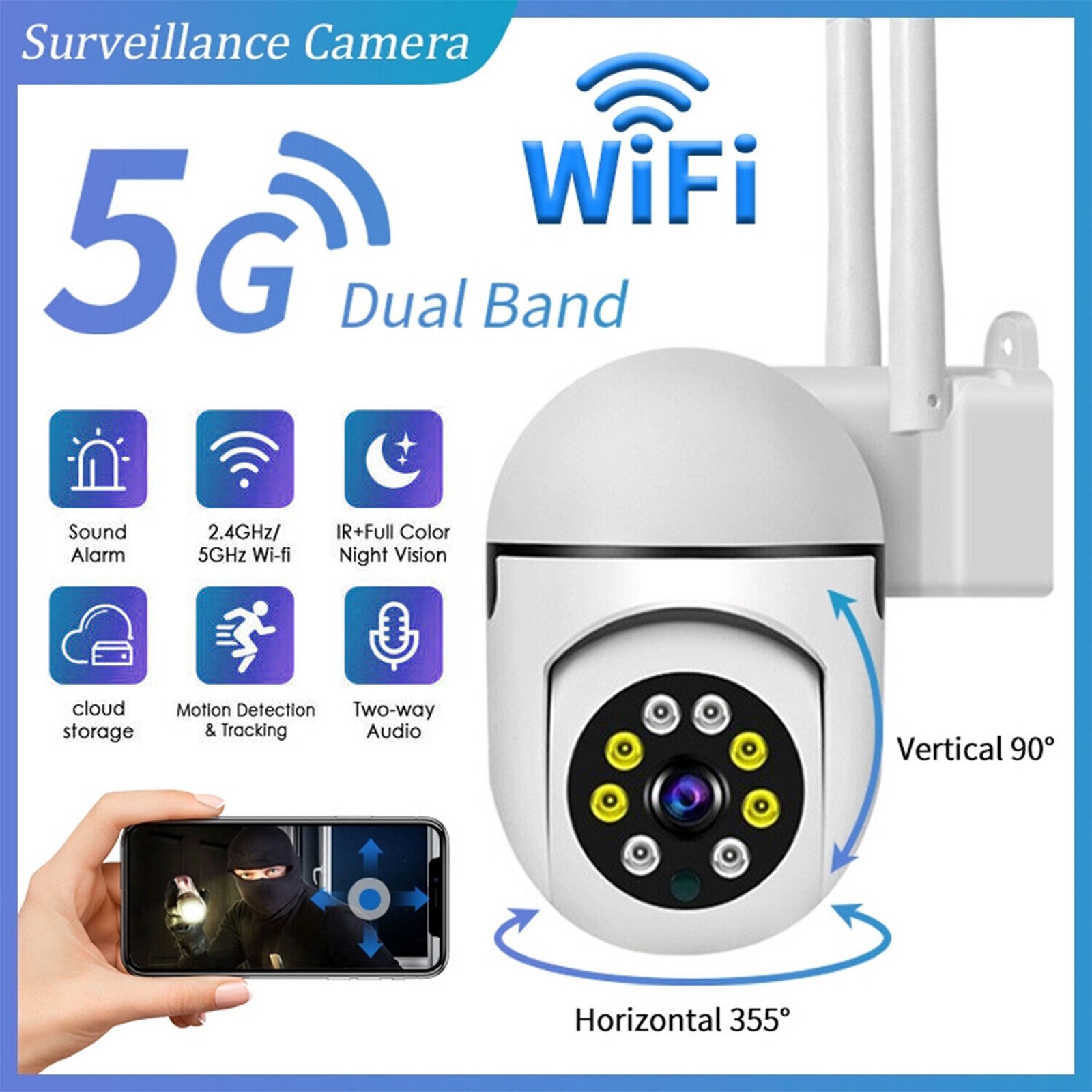 1MP HD 360° Outdoor Camera 5G Dual-Band WiFi Waterproof Home Security Monitor