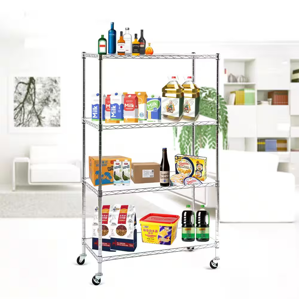 Chrome 4-Tier Rolling Carbon Steel Wire Garage Storage Shelving Unit with Caster