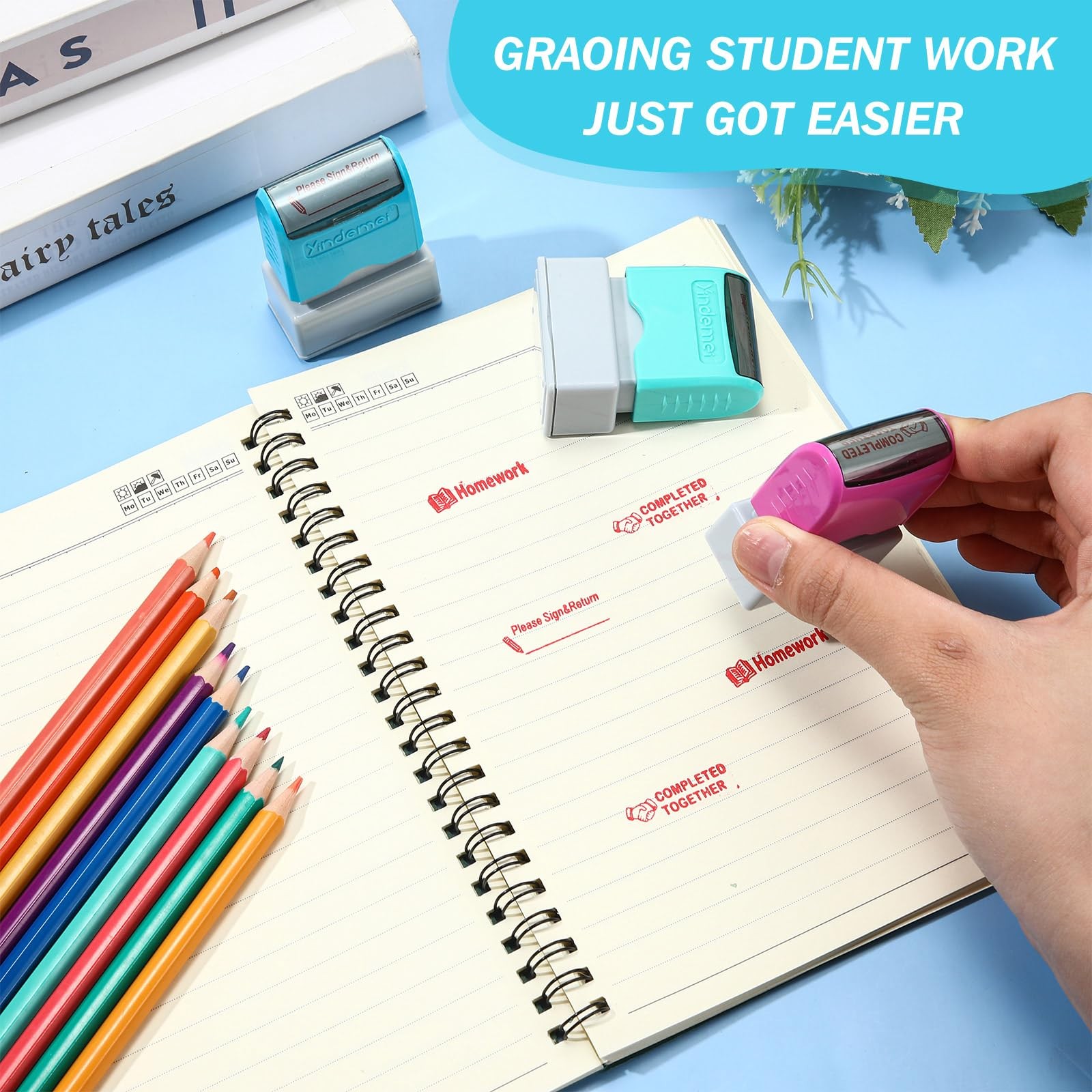 Teacher Stamps Set Self Inking Please Sign Return Homework Classroom 3 PCS