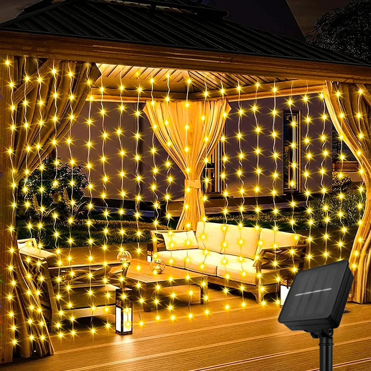 Waterproof Solar LED Fairy String Net Mesh Curtain Lights Outdoor Xams Decor
