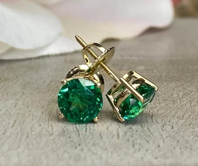 Green Emerald 2.50Ct Round Cut Stud Earrings In 14K Yellow Plated Lab Created