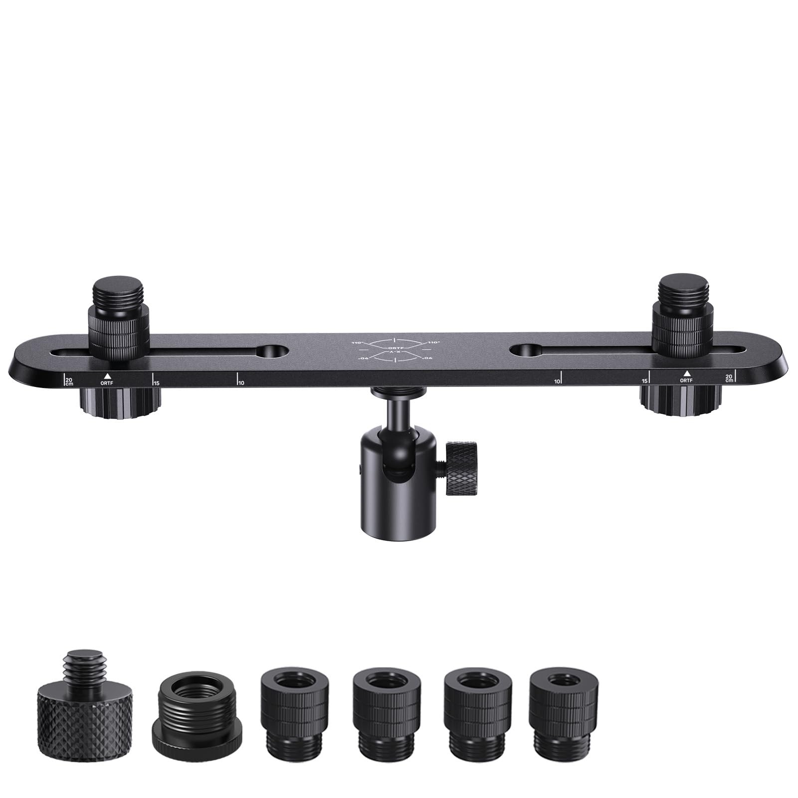 Adjustable Stereo Mic Mount Bar with 360° Ball Head Adapter for Two Mics