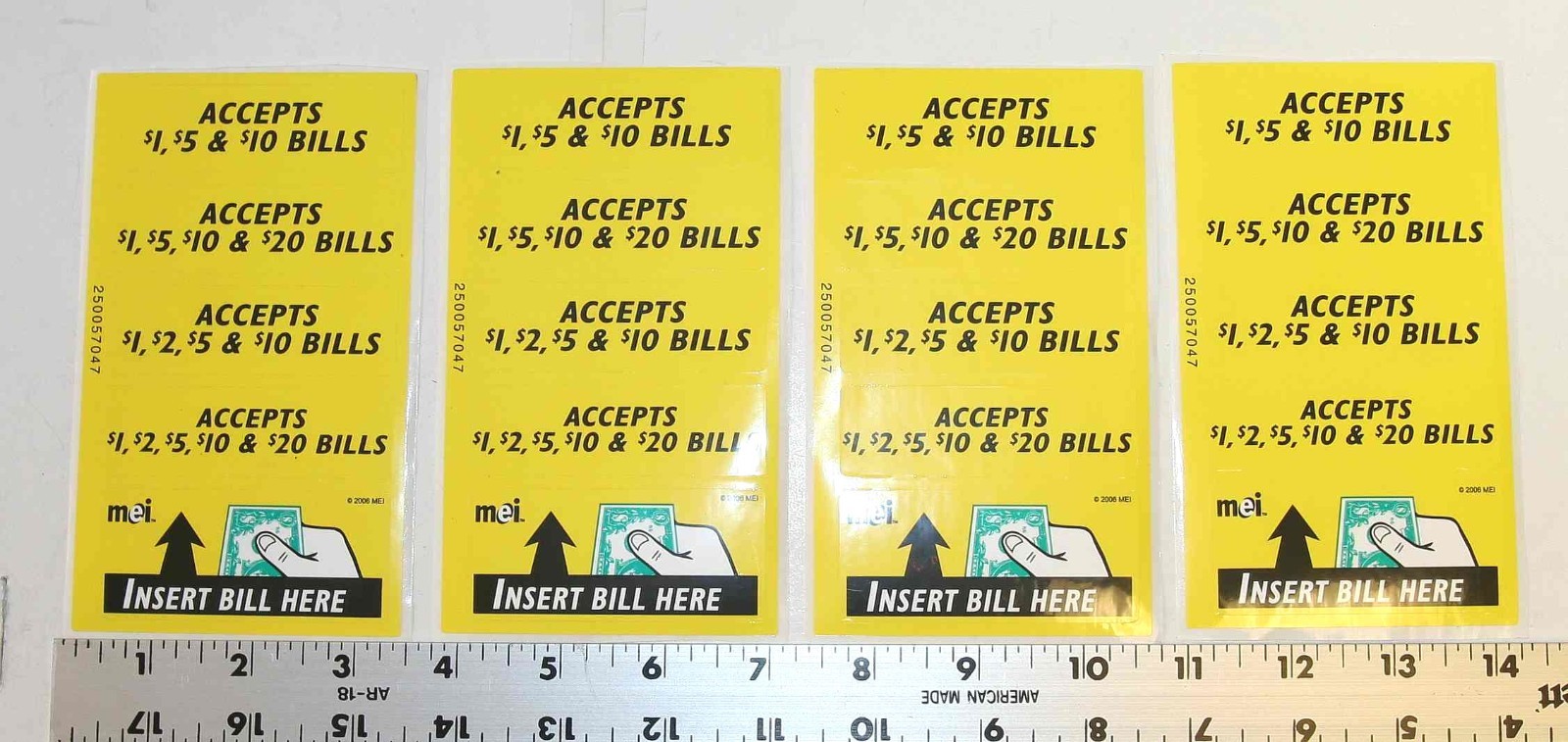 MEI Mars yellow decal label set for bill acceptor validators $1. - $20., qty. 4
