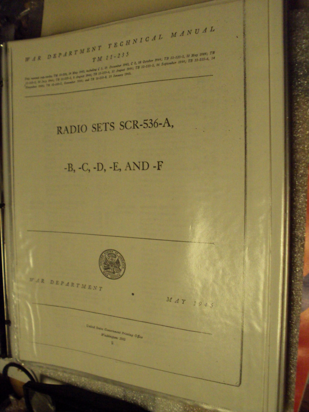 Manual Radio Sets SCR-536-A thru F; TM 11-235; May1945, 105 pages, copy 3 ring