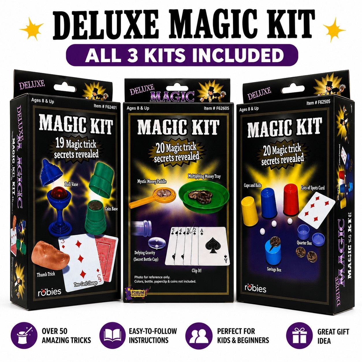 Deluxe Magic Kit Set of 3 - Over 50 Tricks - Beginner Magician Kids Party Gift