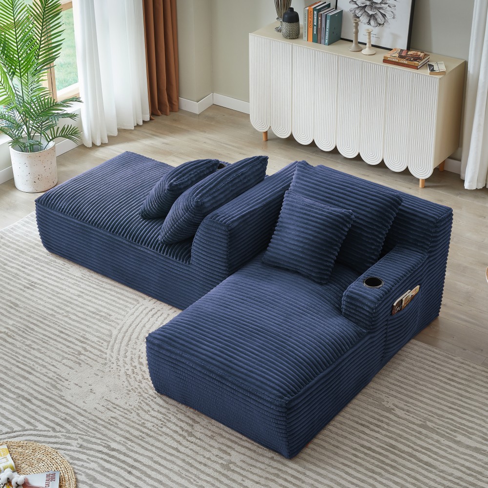 Compressible Double Chaise Sofa w/ Cupholders & Corduroy - No Assembly