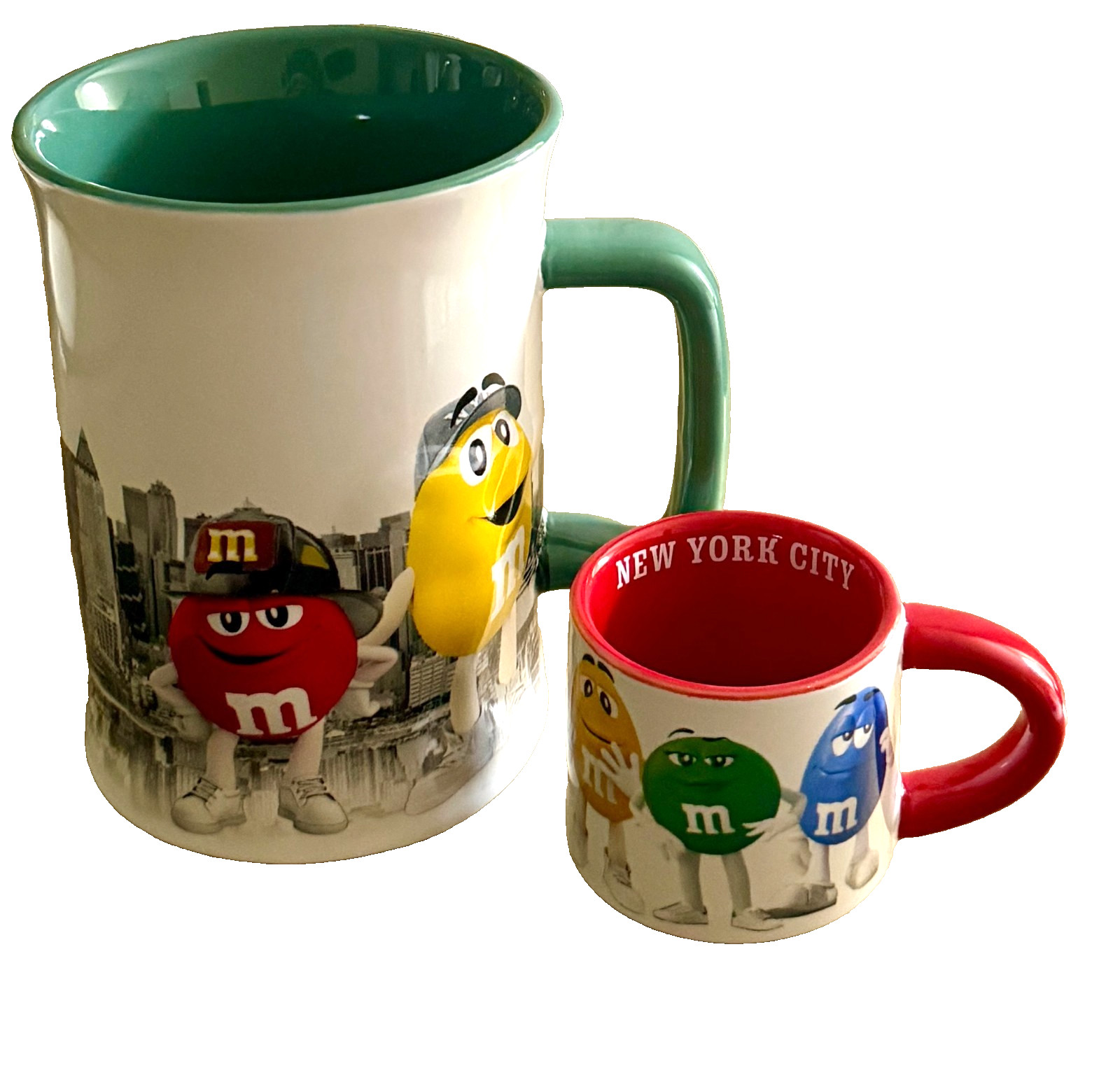 M&M’s NYC Mug Set Large Coffee Cup+Mini Espresso Mug Red Green Mars Collectible