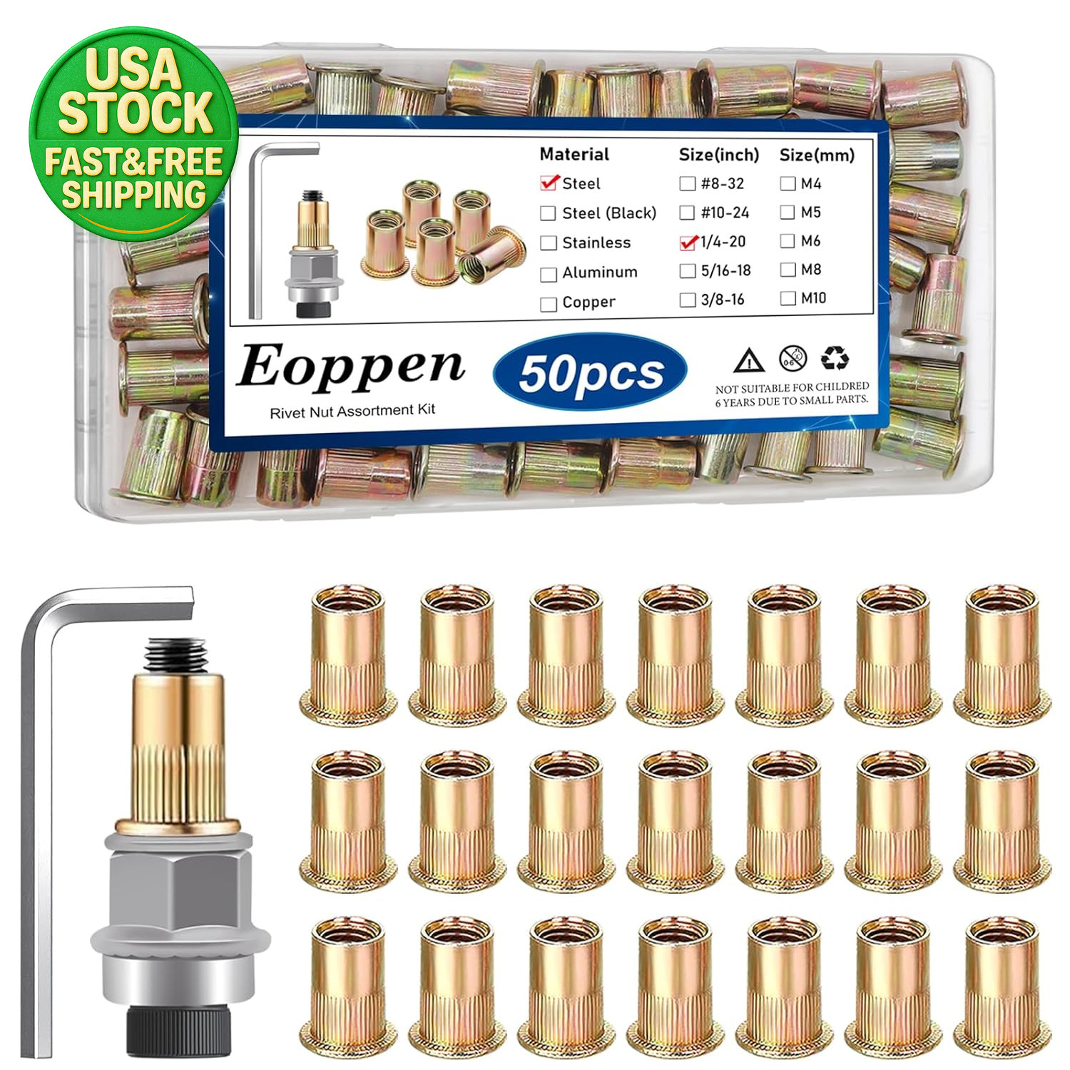 50pcs 1/4-20 Rivet Nuts Set with Hand Tool Carbon Steel Threaded Insert Kit