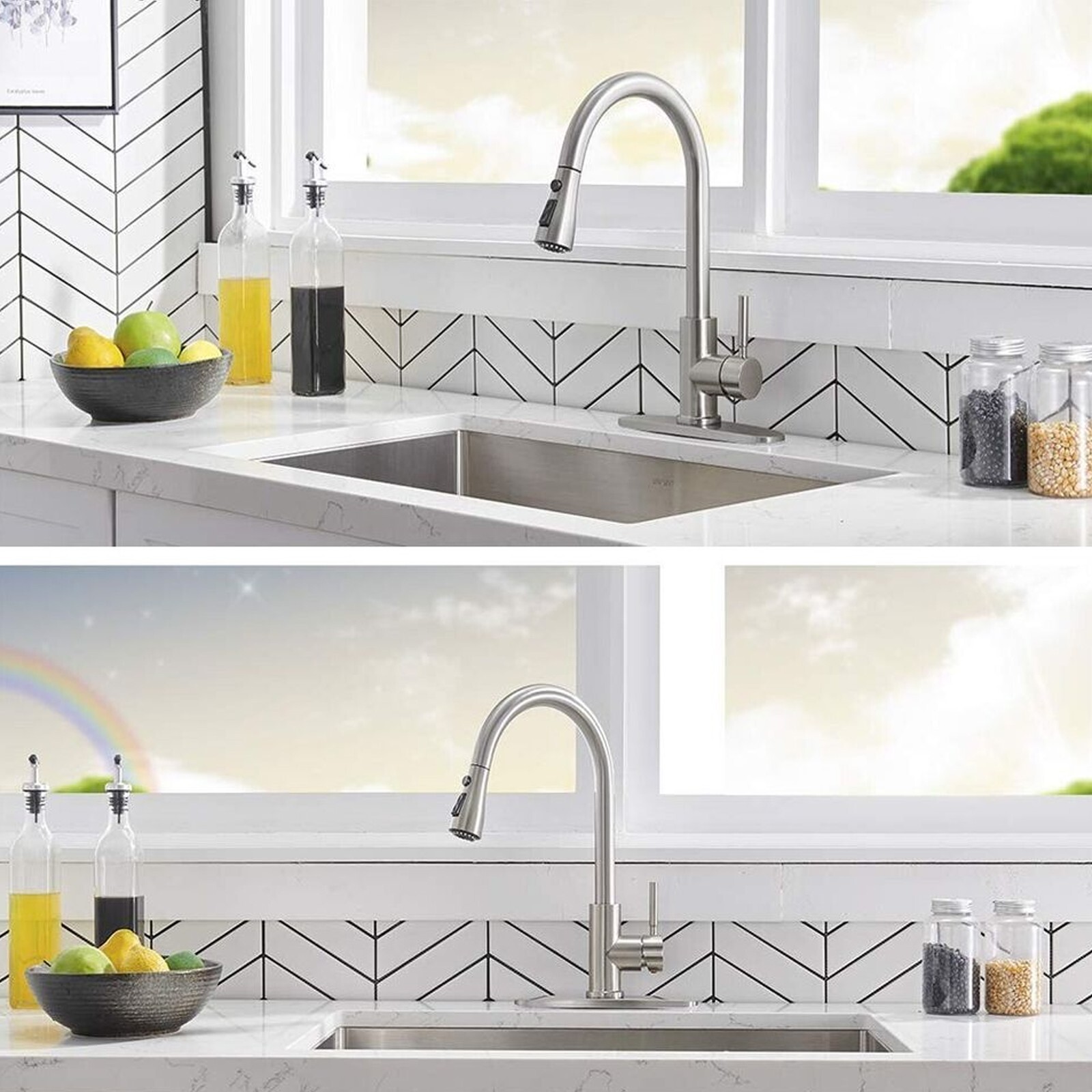 Commercial Kitchen Faucet Pull Down Sprayer Mixer Single Handle Stainless Steel