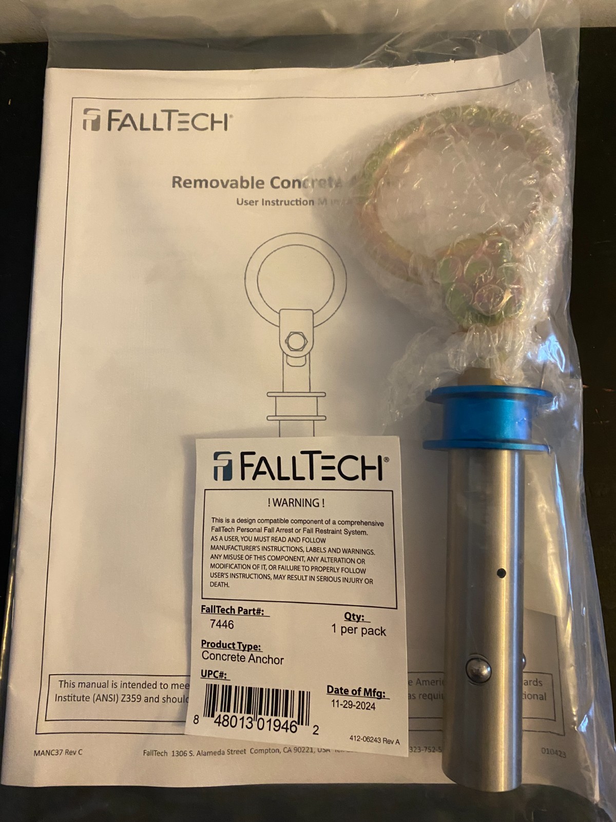 FallTech Removable Concrete Anchor 7446 O Ring Connect Pnt 360` Swivel w/Instr