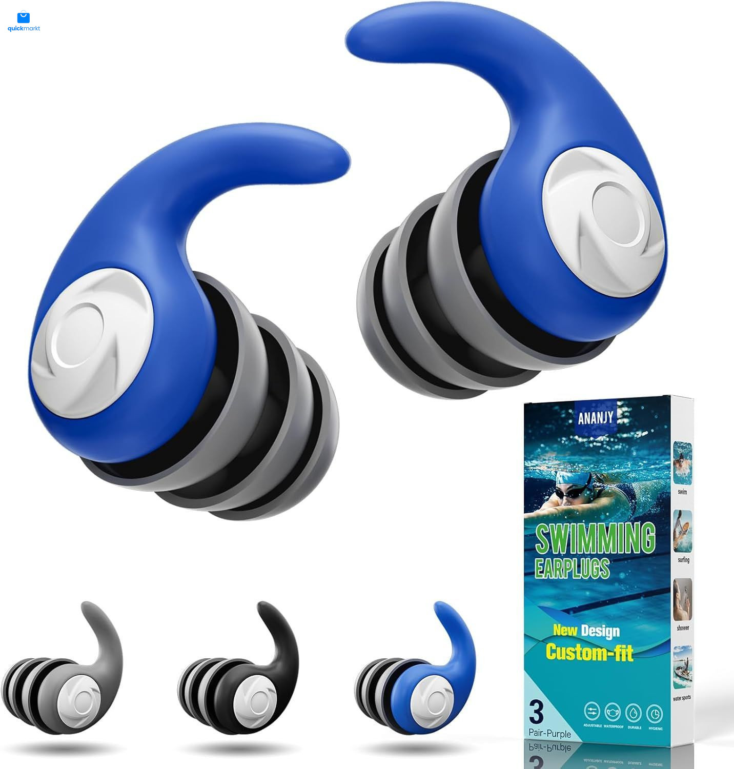 Waterproof Swimming Ear Plugs for 3 pair (Pack of 1), Black, Gray, Blue