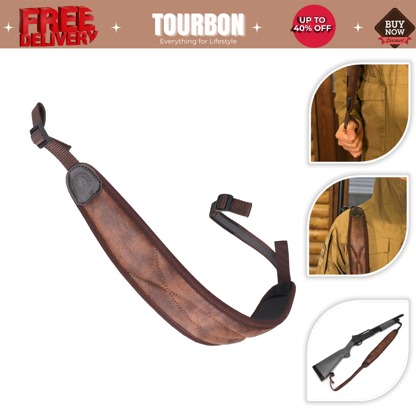 Tourbon PU Leather Rifle Sling Padded Strap Shooting Shotgun Carrying Hunting