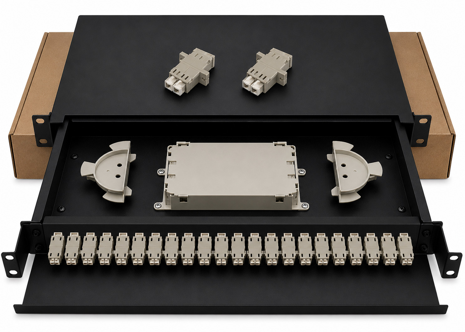 24 Port LC Duplex Fiber Patch Panel 1U Rack Mount w/ Splice Tray Beige Adapters