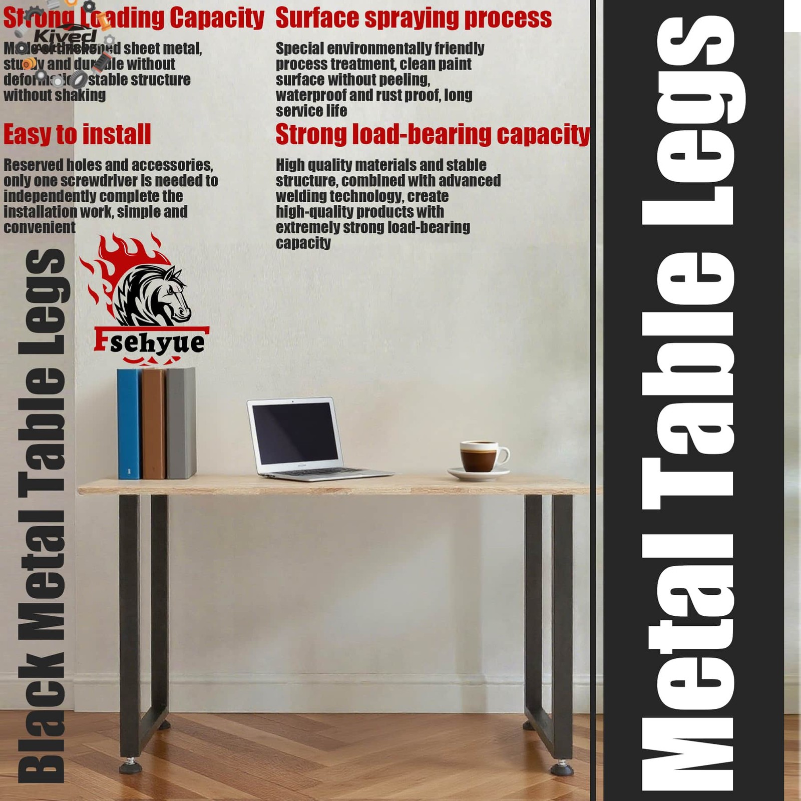28" x 17.7" Heavy Duty Set of Steel BlackTable Legs Industrial Country Style