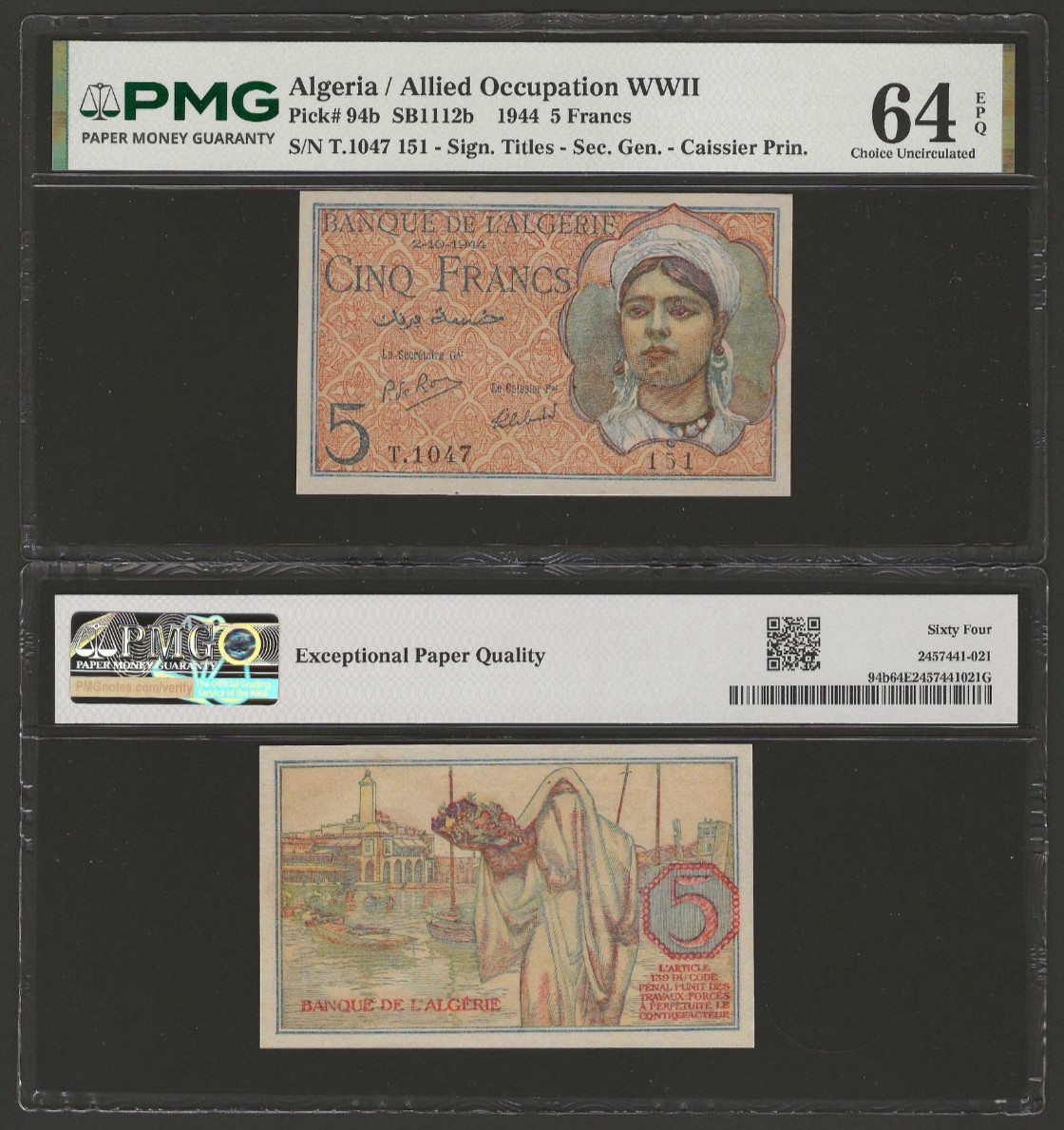 ALGERIA 5 Francs 1944 (2-10-44) P-94b, PMG 64 EPQ Ch UNC, WWII Allied Occupation